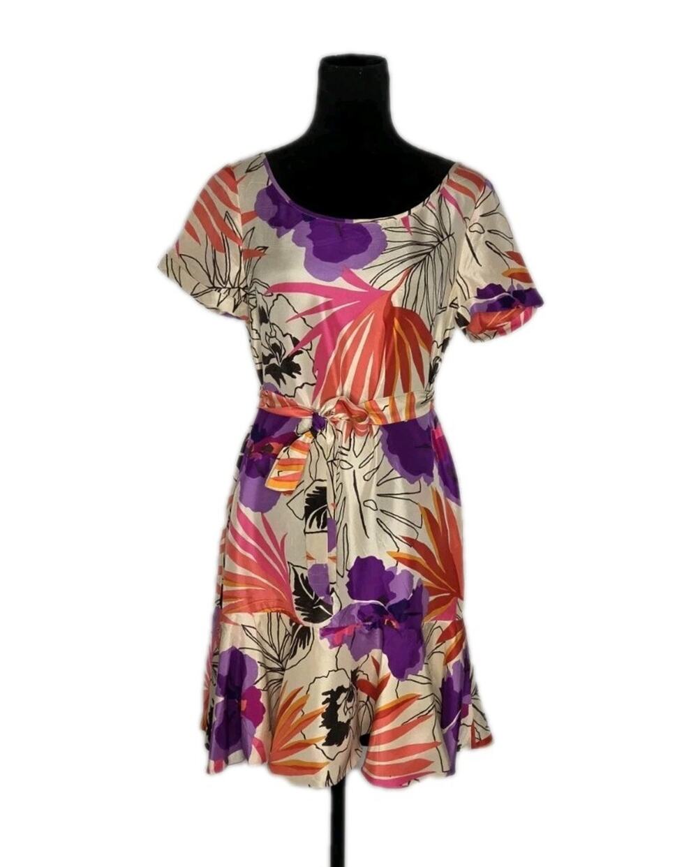 Kate Spade Ellianna Silk Tropical Floral Fit Flare Tie Waist Mini Dress Size 6
